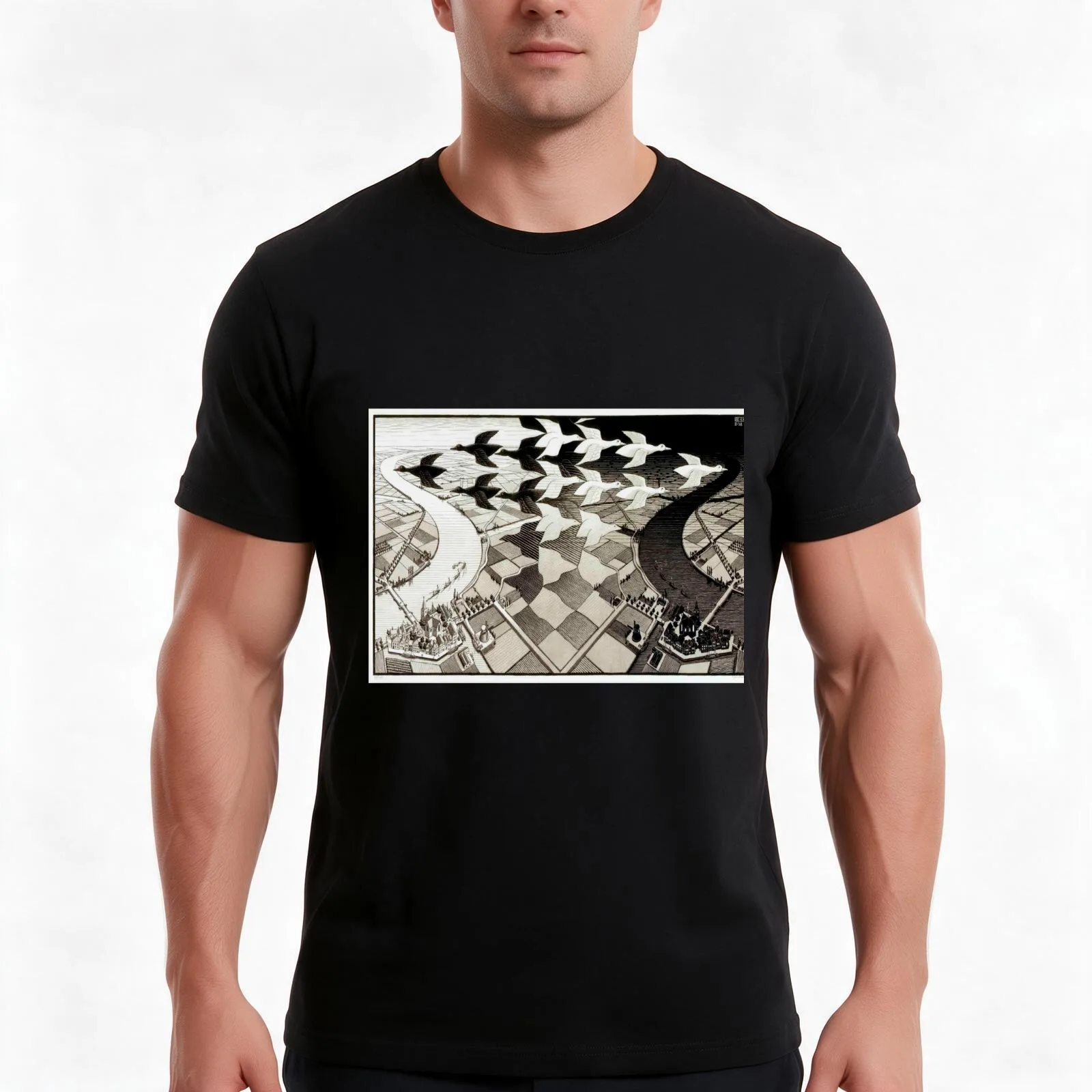 Day and Night by Maurits Cornelis Escher T-Shirt Summer Casual Cotton Tee Oversized Streetwear Tops Vintage Graphic Print