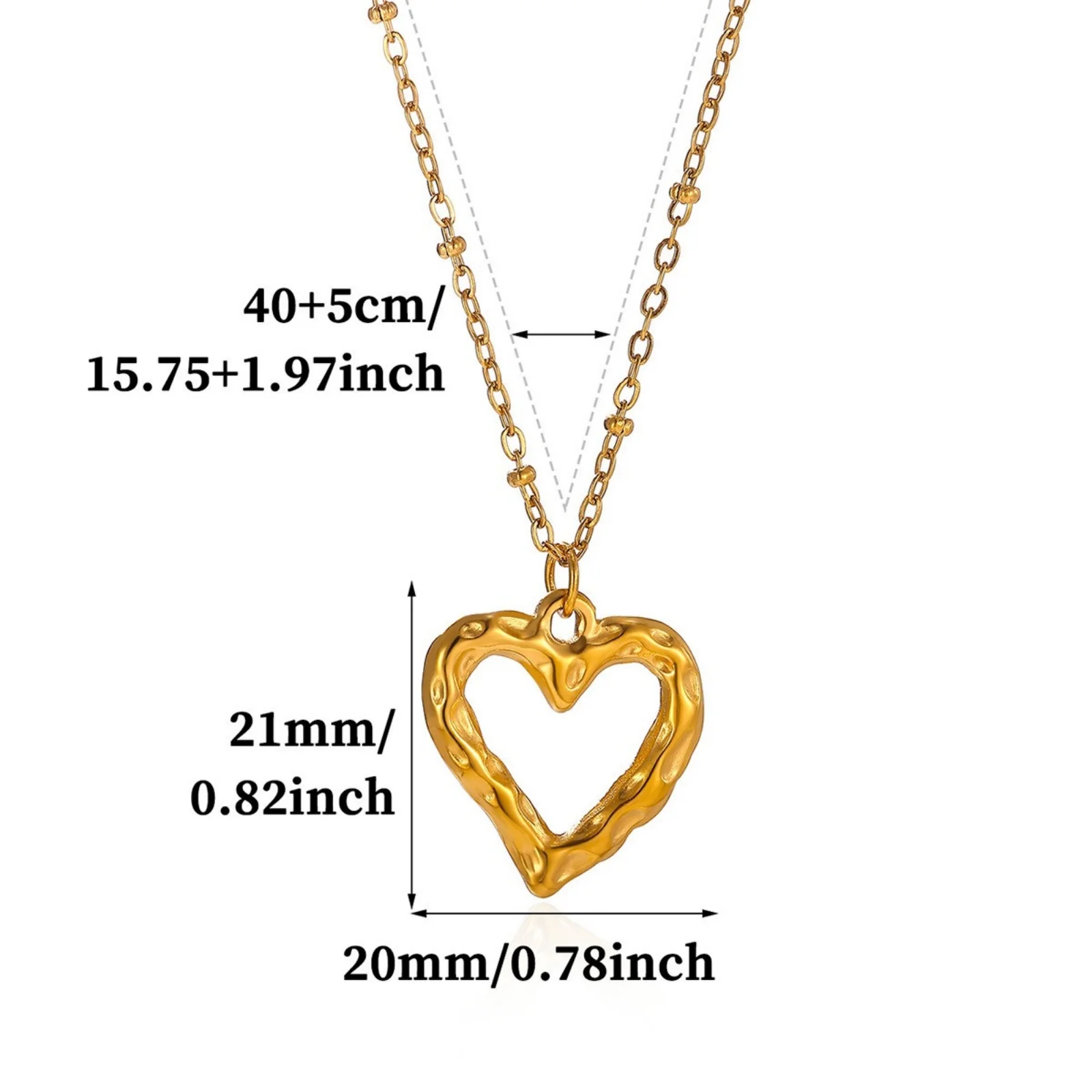 1Pc Valentine's Day Hammered Heart Pendant Necklace 18K Gold Plated 304 Stainless Steel Beaded Chain Necklace Women Gift Jewelry