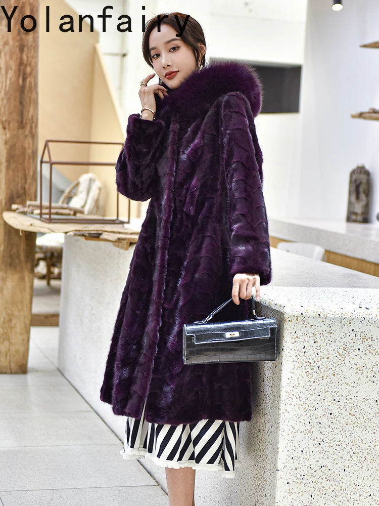 YOLANFAIRY High Quality Splicing Mink Real Fur Coat Woman Winter 2025 Mid-long Hooded Fur Jacket Mink Black Fur Coats Fox Collar