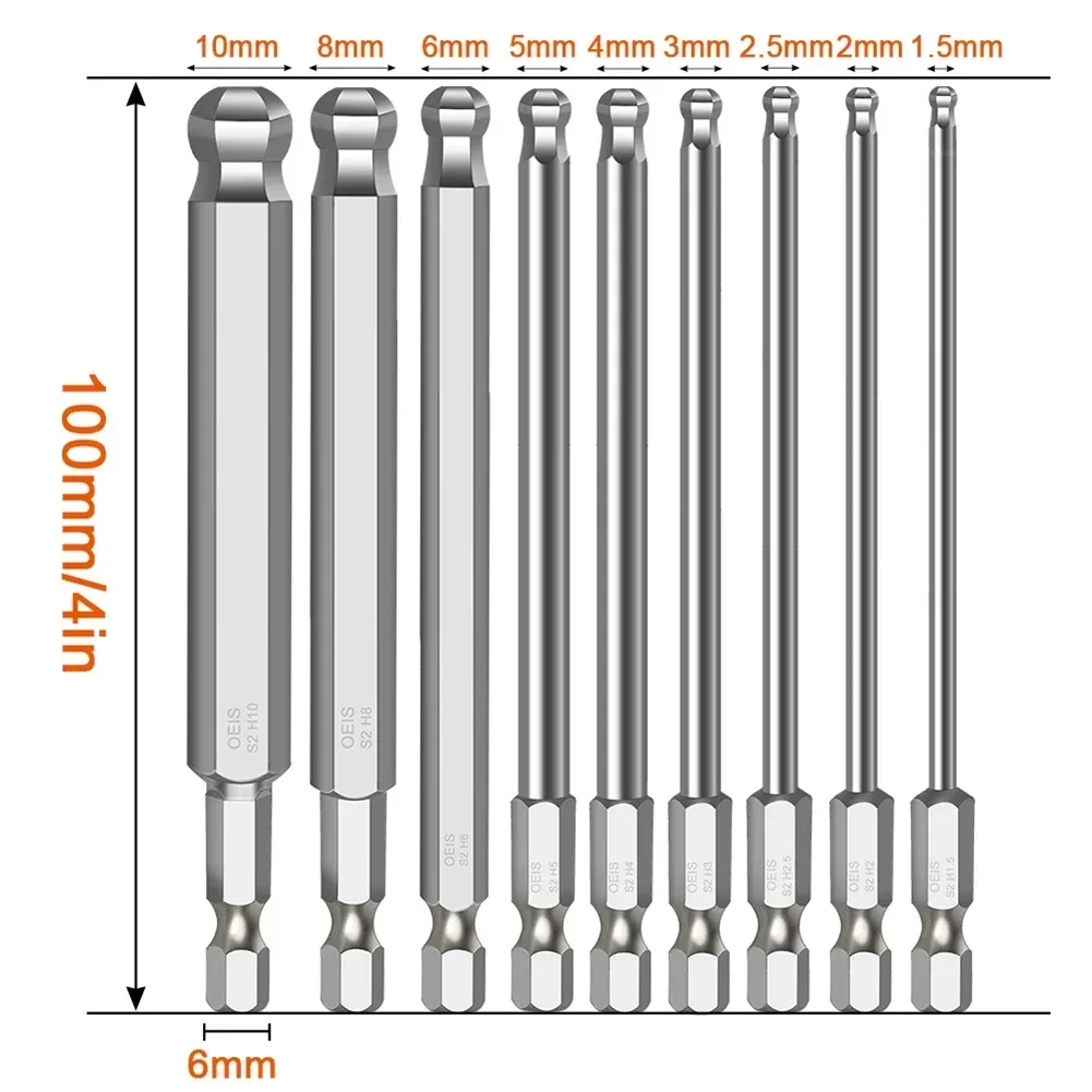 Driver de cabeça de bola magnética longa, a cor real do conjunto de Ites, Metric Allen Hex Bit, 100mm, H1.5, H2, H2.5, H3, H4, H5, H6, H8, H10