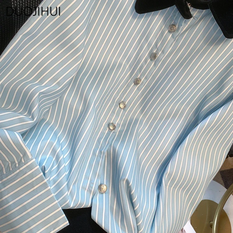 DUOJIHUI-Camisa solta listrada azul feminina, manga comprida, cor de contraste, casual, elegante, moda básica, senhora do escritório, primavera