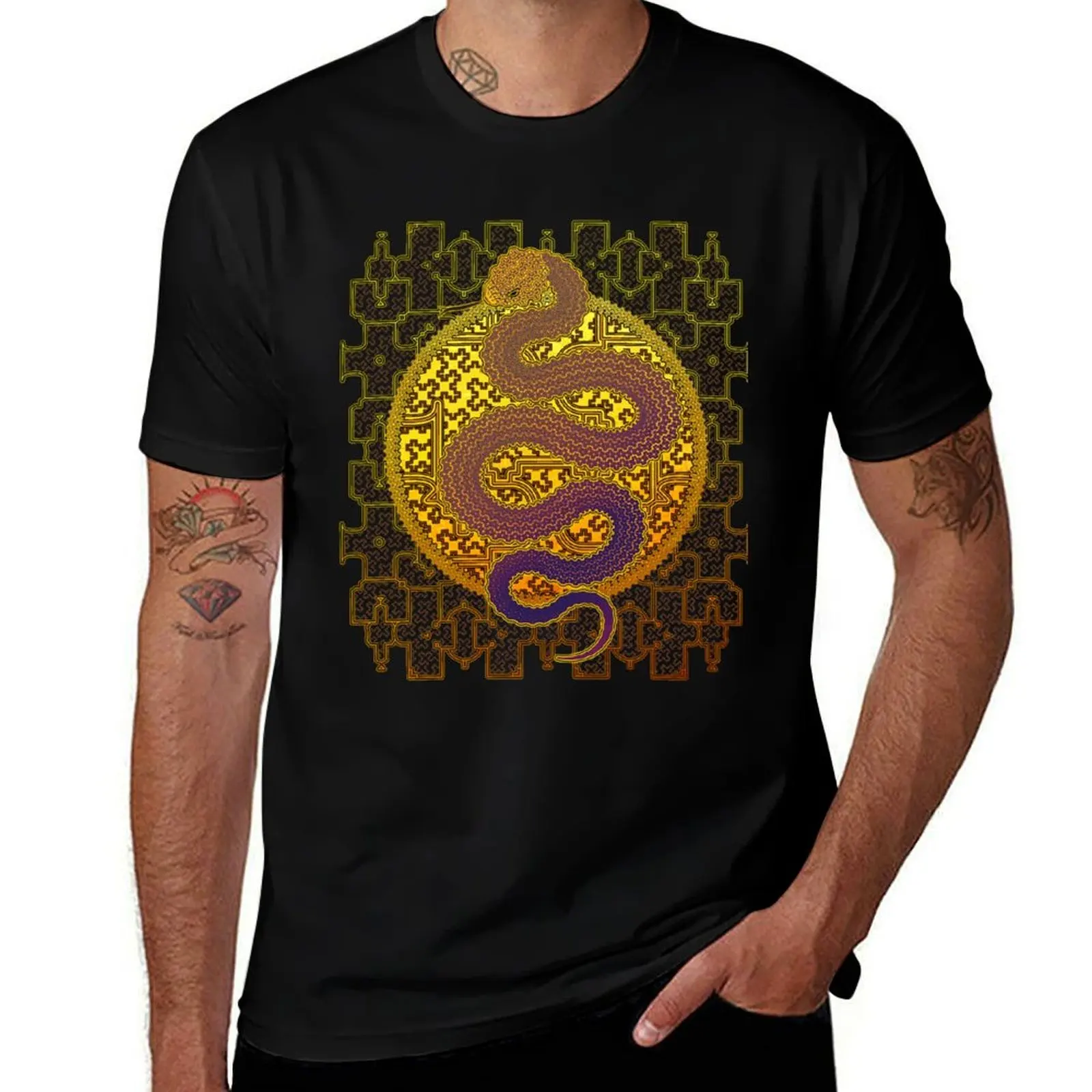 

Cosmic Serpent, Kene Anaconda Shipibo Pattern T-Shirt Breathable Mesh Panel T-Shirt