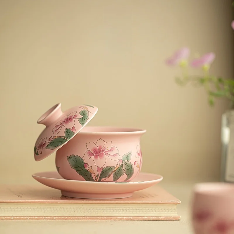 160ml Pink Gai Wan Beautiful Lotus Pattern Household Ceramic Bowl Lady Set Kung Fu Set Ceremony