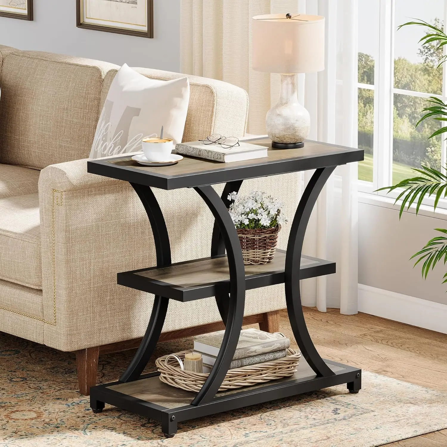 

End Table with Storage, 3-Tier Side Table with Geometric Metal Design, Industrial Nightstand for Small Spaces, Living Room, B