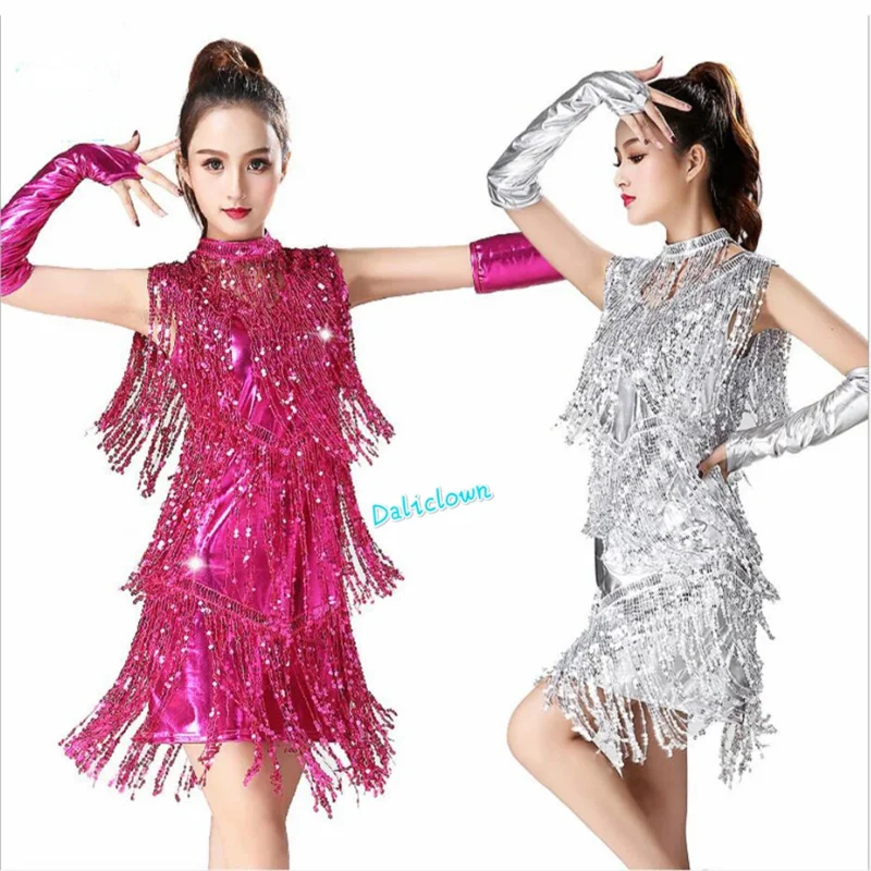 Sexy Latin Dance Dress Women Metallic Tassel Fringe Sequin Ballroom Tango Rumba Samba Salsa Latin Dress Party Rave Clothes