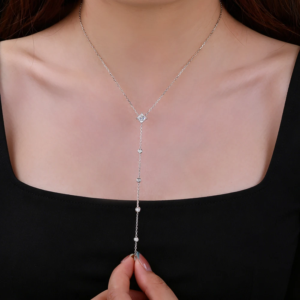 1CT Princess Cut Moissanite Long Necklace for Women Y-style Tassel Pendant Neck Chain 925 Sterling Silver Jewelry Party Gift