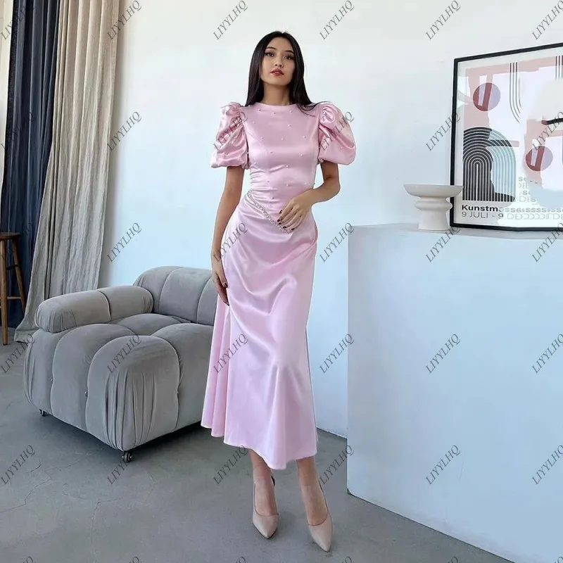 LIYYLHQ Saudi Arabic Pink Evening Dresses Short Sleeve O neck Pearl Beading Prom Gowns Ankle Length Satin Formal Occasion Gowns