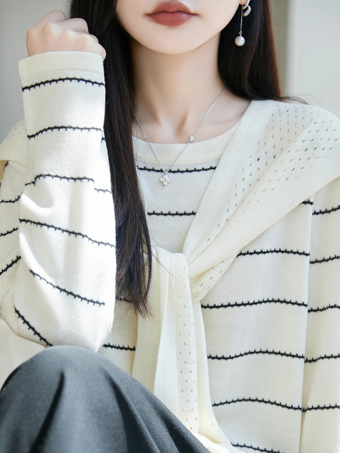 Color Block Striped Knitwear Women's round Neck Sash Fake Two-Piece Lazy Style Slimming Fine Wool Knitted Base Sweater