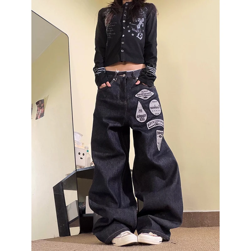

ZHIZOU Women Black Gothic Y2k Jeans American 2000s Style Baggy Jean Pants Vintage Harajuku Denim Trousers Clothes Spring 2026