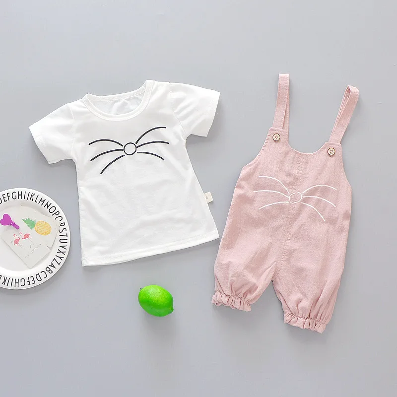 New Summer Baby Girl Clothes Suit Children Casual Short Sleeved T-Shirt Overalls 2Pcs/Set Toddler Costume Infant Kids Tracksuits