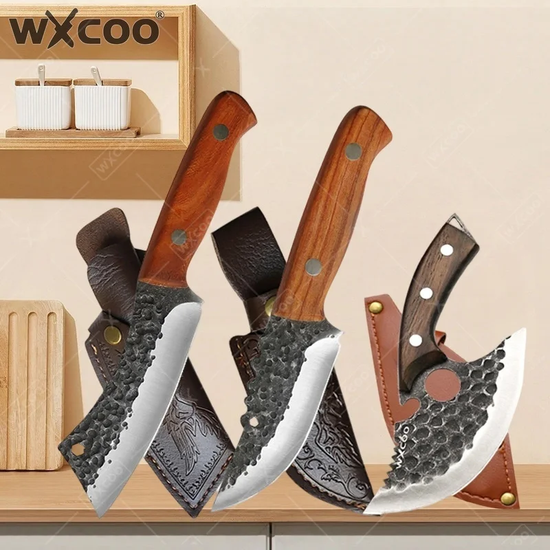 WXCOO Multifunctional Kitchen Knives with Sheath Stainless Steel Forged Butcher Knife Kitchen Meat Cleaver Knife Bottle Opener