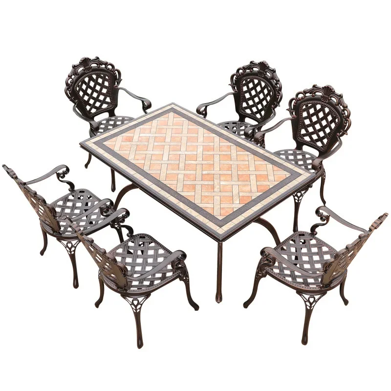 Outdoor wrought iron table and chair combination European high-end courtyard rectangular dining table balcony cast
