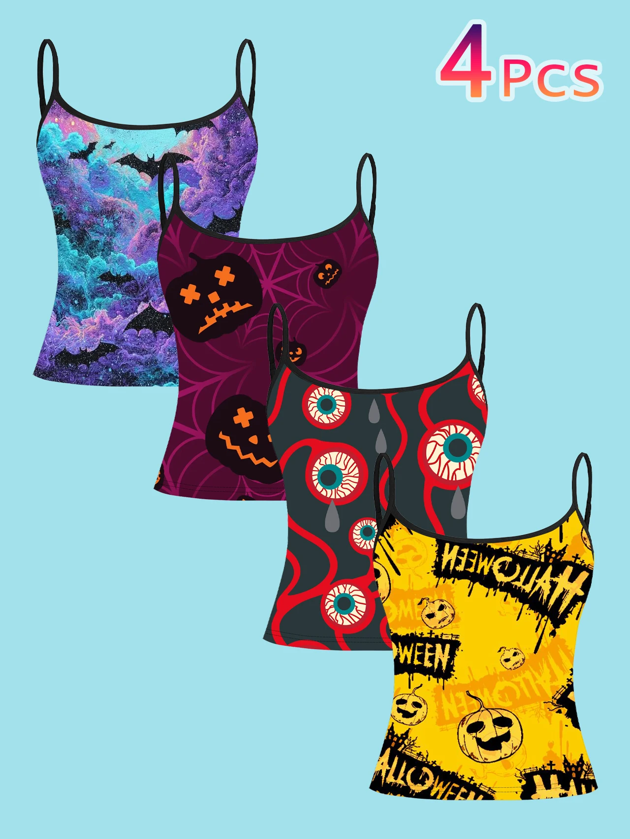 4-Piece Set of Halloween Colorful Starry Sky Bat Pumpkin Eyeball Women's Camisoles, Dark Graffiti Style Printed Slim-Fit Spaghetti Strap Short Camisole Tops