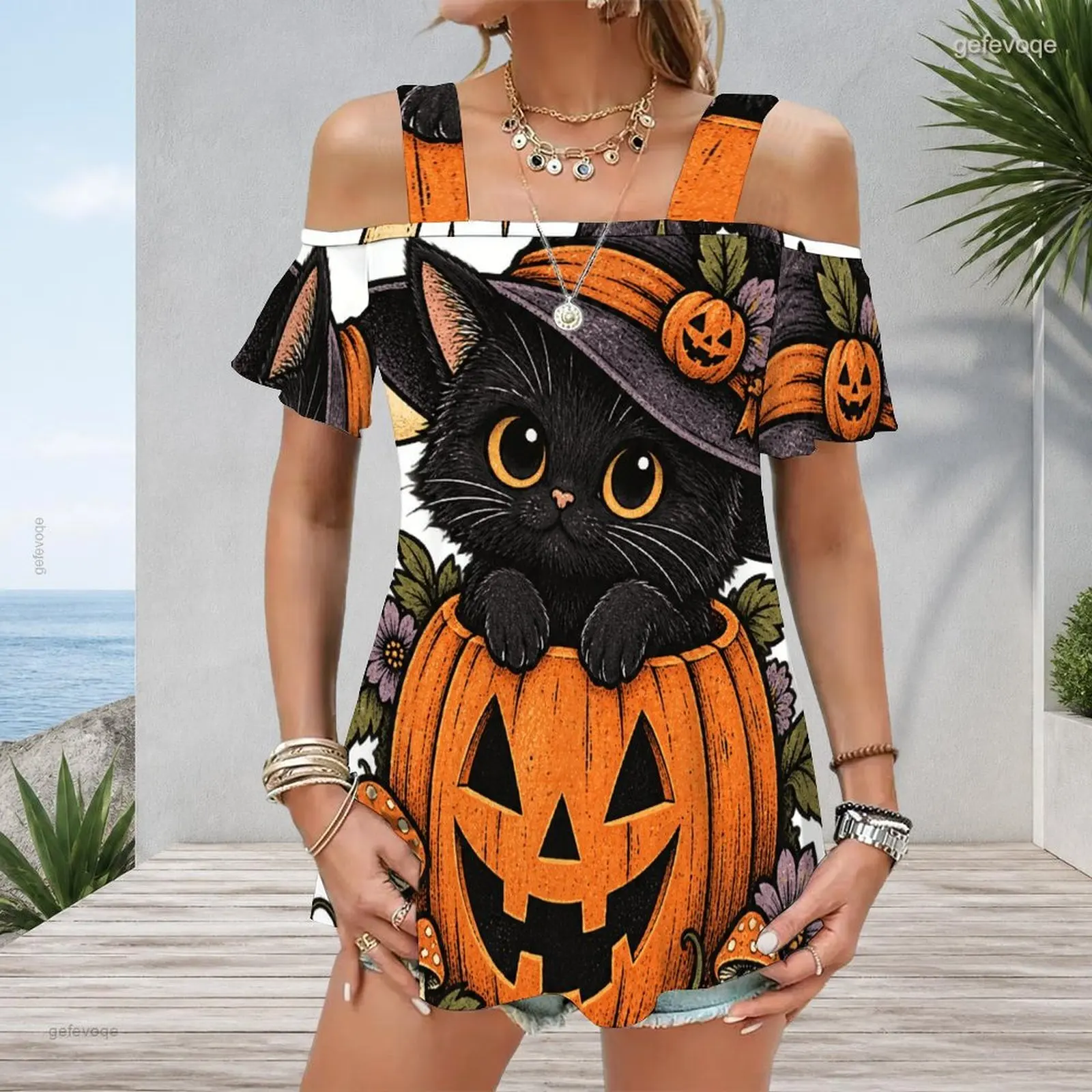 Printed Top for Women Wide Straps Cold Shoulder Flutter Sleeve Straight Hem