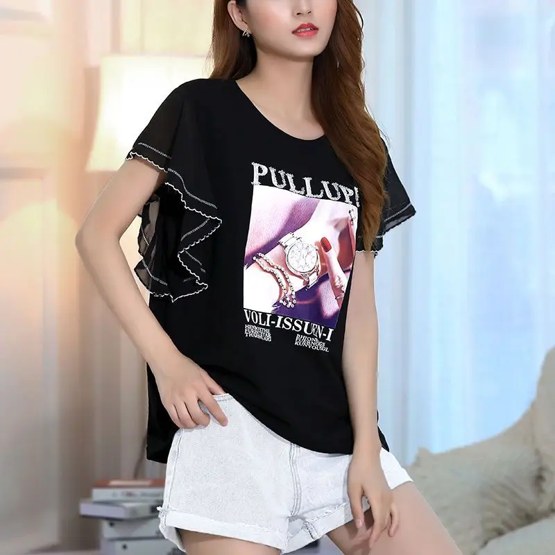 Women's Clothing Stylish Printed T-shirt Letter Korean Butterfly Sleeve Casual Ruffles Spliced Summer New Loose O-Neck Pullovers