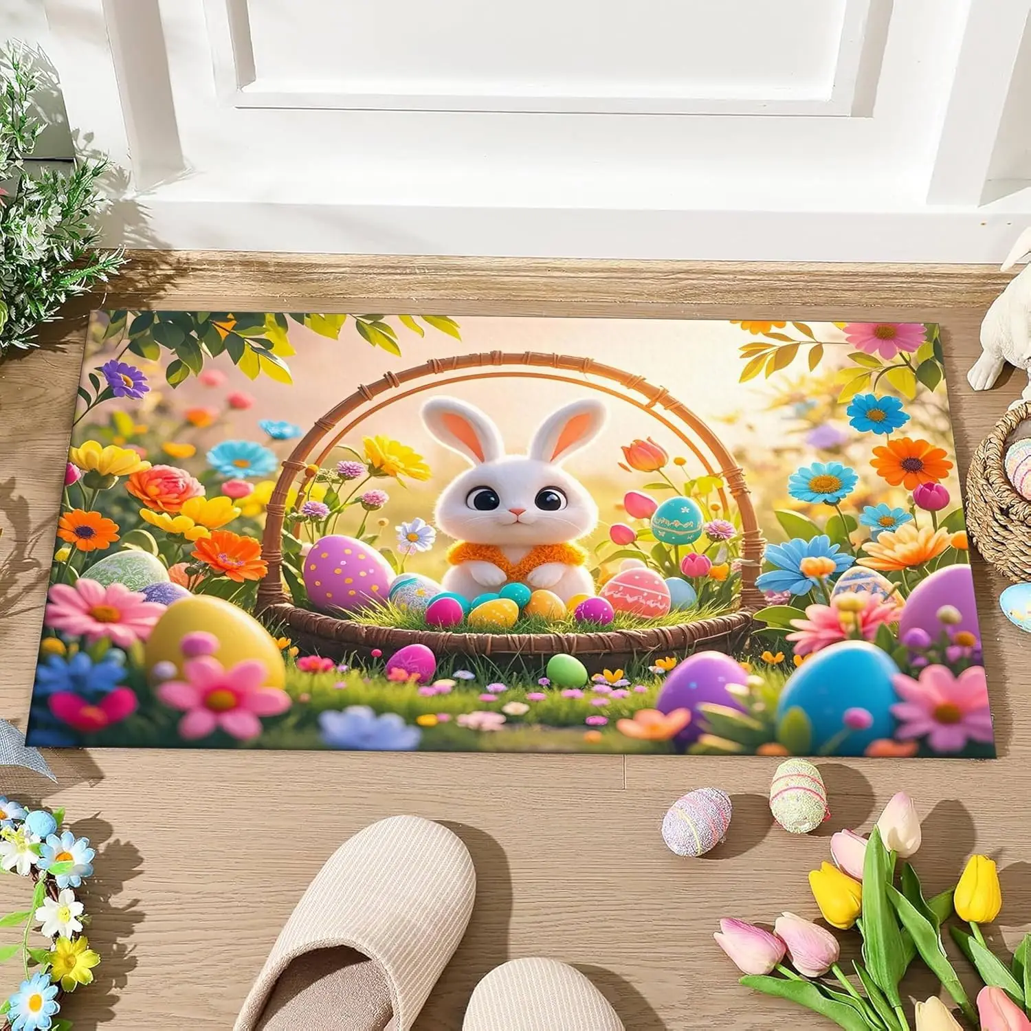 

Милый мультяшный пасхальный кролик, яйцо, тюльпаны, коврик-нескользящий моющийся складной пружинный напольный коврик для дома, кухни, пасхального украшения