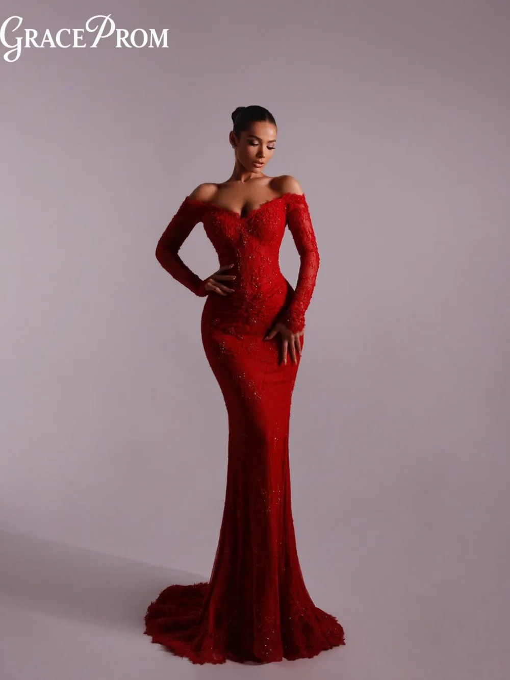 

Sensual Off Shoulder Prom Dress Lace Evening Gown Sweetheart Long Sleeve Party Dress Luxury Cocktail Dress Vestidos De Noche