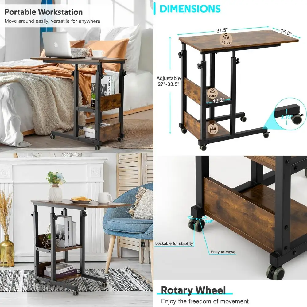 

Регулируемый по высоте C-образный приставной столик на колесиках с полками для хранения, цвет рустик-коричневый, для дивана, кровати, кресла-реклайнера