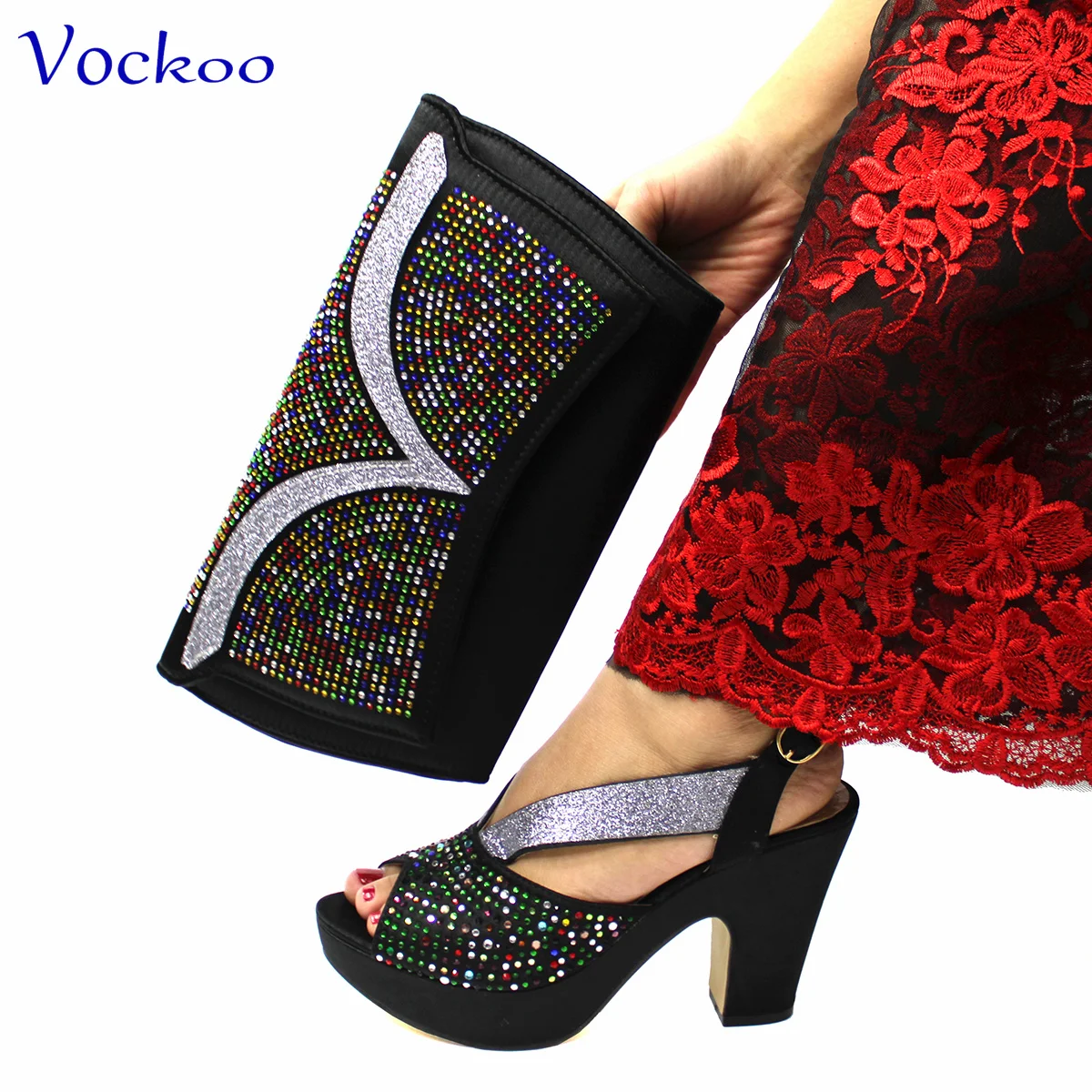 

2024 Mature Style Fashion African Women Shoes Matching Bag Set in Black Color Decorate with Rhinestone Specials Design Sandals