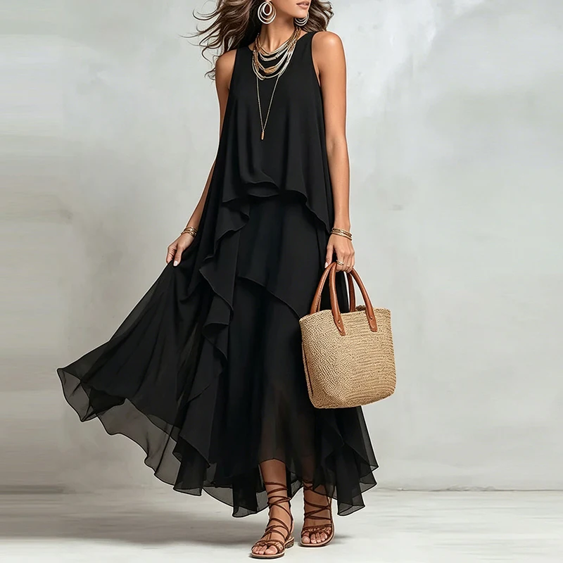 

Female Casual O Neck Pleated Beach Dress Summer Elegant Flowing Chiffon Long Dresses Black Sleeveless Irregular Holiday Dress