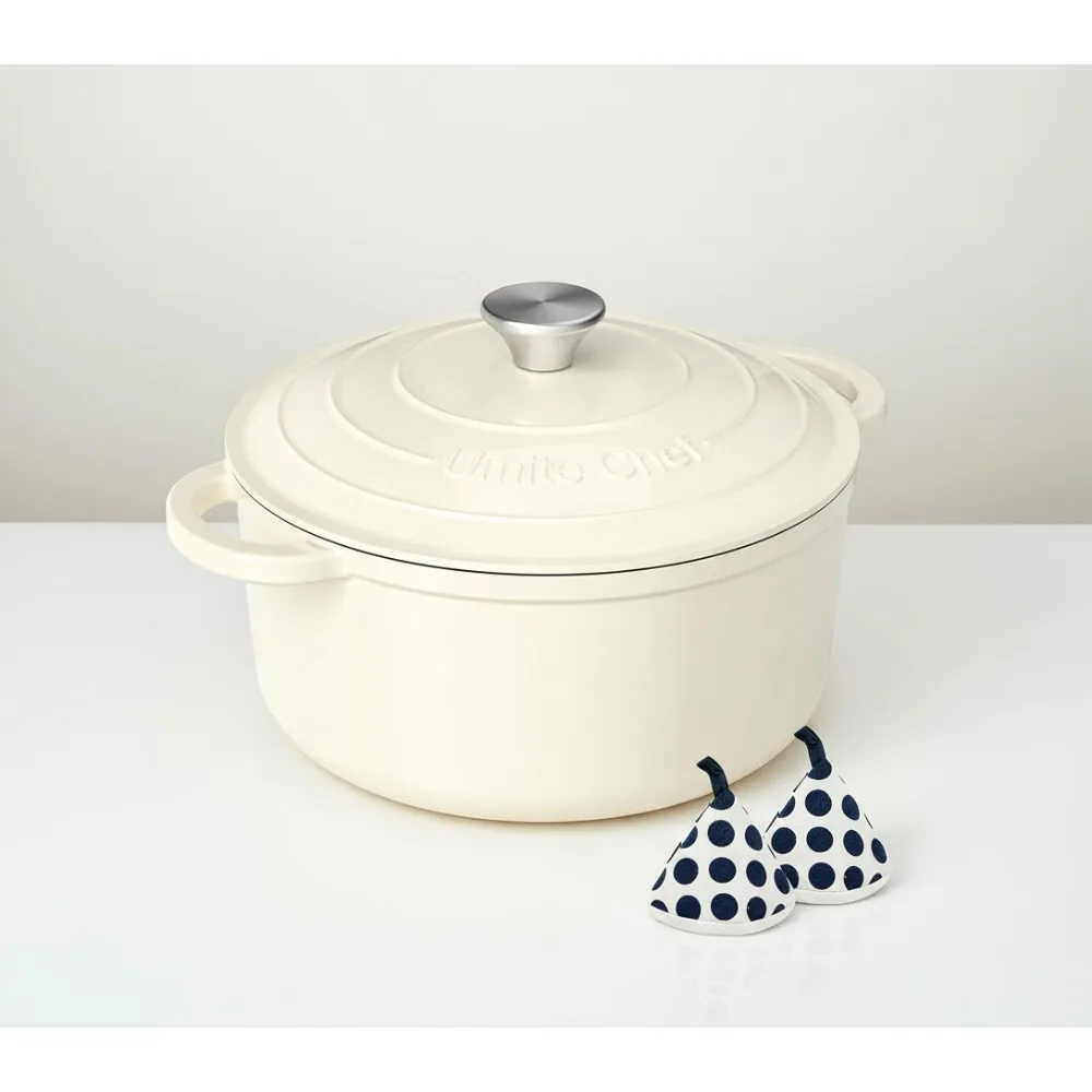 

5QT Enameled Cast Iron Dutch Oven with Lid & Potholders - Even Heat for Baking Bread, Stews, Roasting