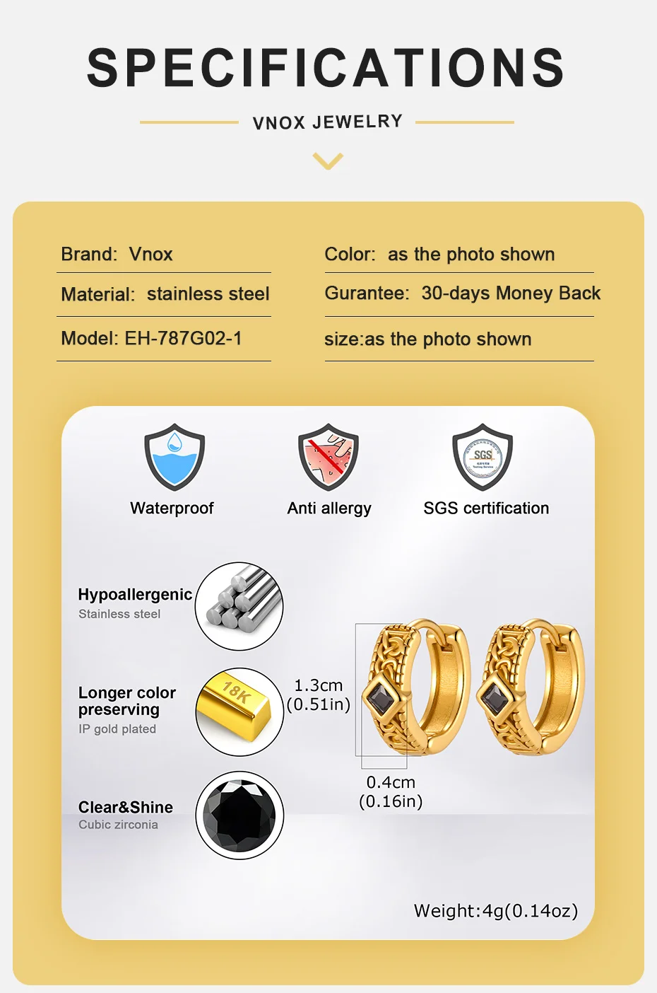 Vnox Vintage geometrische Creolen für Männer und Jungen, Edelstahl-Ohrringe mit weißem und schwarzem Zirkon, 4 mm breit, Punk-Schmuck, Geschenk – Detail 4
