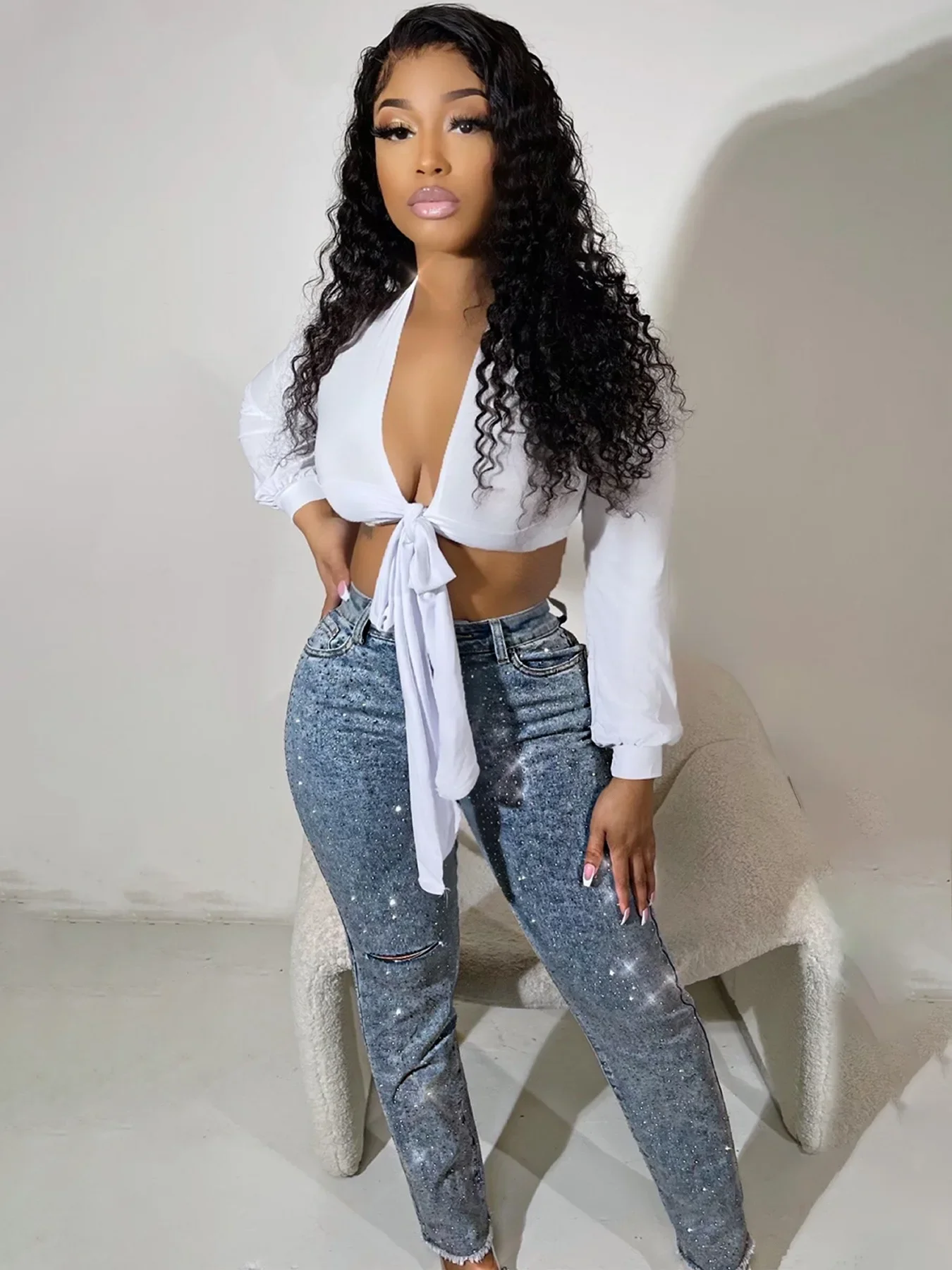 

Женские рваные синие джинсовые брюки-карандаш с бриллиантами, джинсы, осень 2024, уличная мода, женские джинсы с высокой талией, брюки