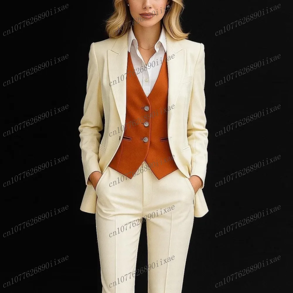 

Женские костюмы цвета слоновой кости и оранжевого цвета, женские деловые офисные смокинги для мамы, свадебной вечеринки, формальный женский комплект из трех предметов, куртка, жилет, брюки