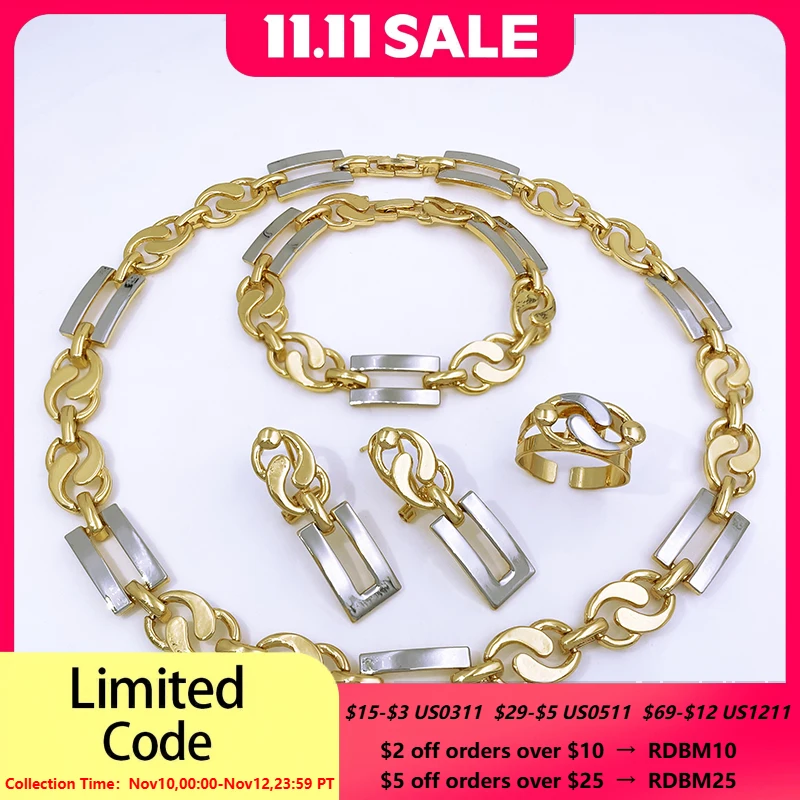 

Dubai Gold Color Jewelry Set For Women Unique Two Tone Necklaces 18K Gold Plted Party Jewelry Necklace Earrings Bracelet Ring