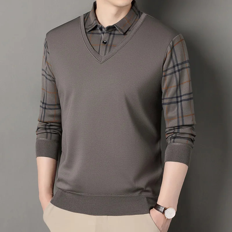 Men's Fleece Sweater Autumn Winter Polo Collar Fake Two Piece Thick Warm Casual Pullover Mens Clothing