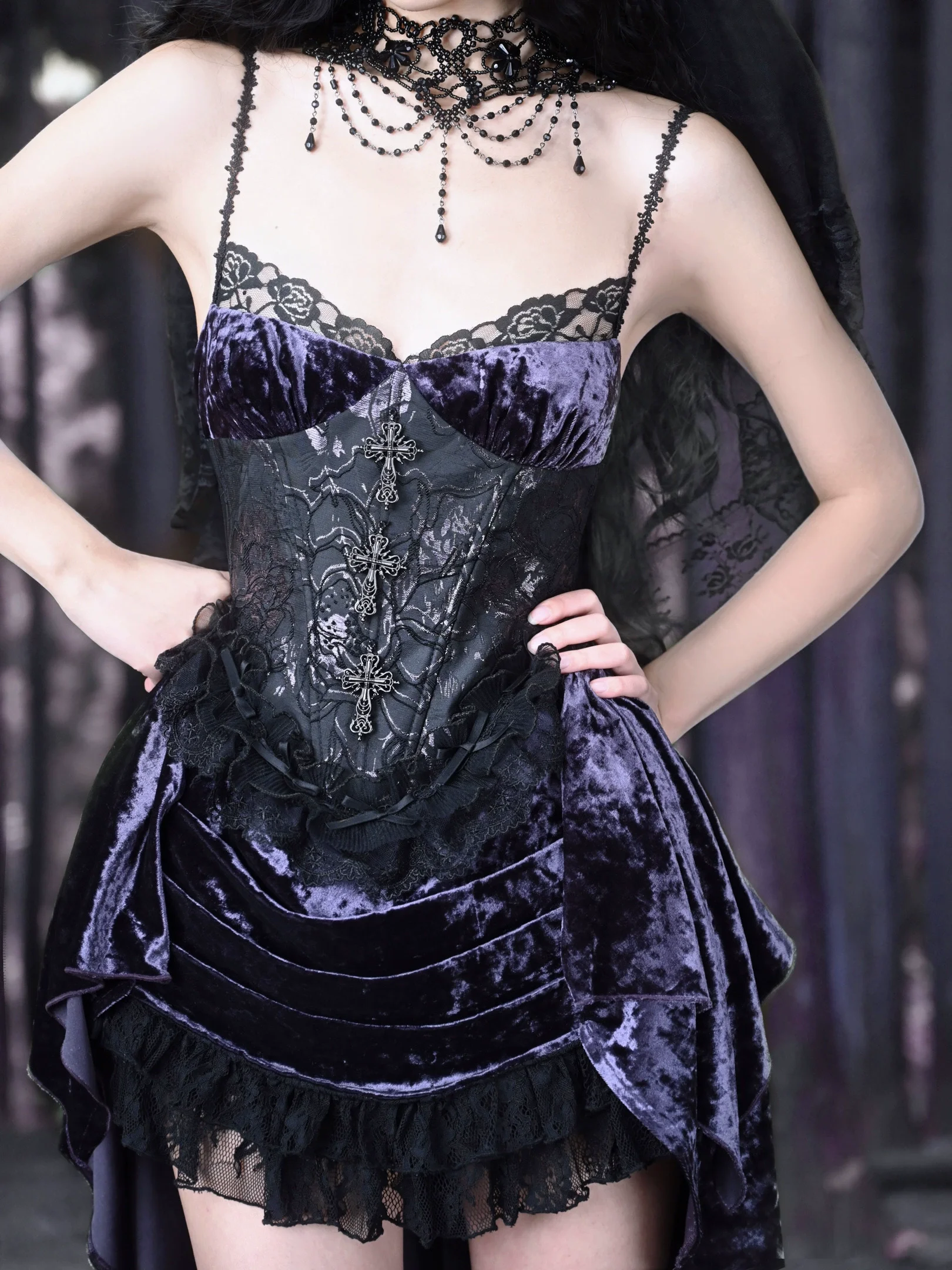 Blood Supply New in 2023 Women Velvet Purple Slip Dress Jacquard Lace Trail Heavy Asymmetric Gothic Suspended Dresses Vestido