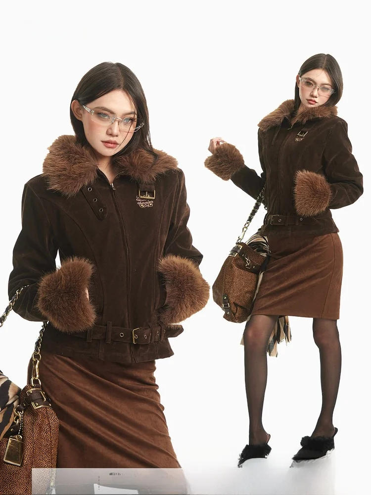 

CCUP SPACE Retro Deep Brown Fur Collar Thiened Cotton Jaet Women's ort Outerwear Autumn Winter Waist-Cinching Slim Fit ...