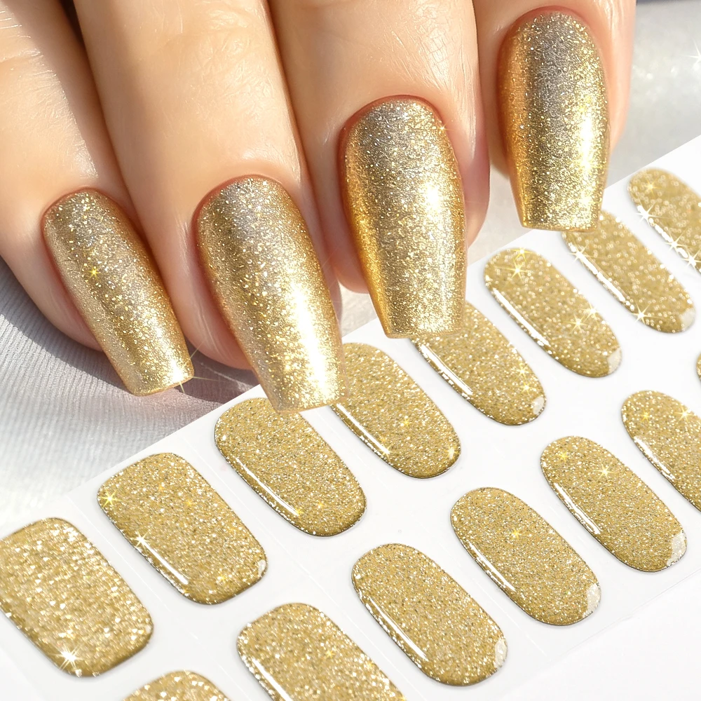 16Tips Christmas Gold Glitter Gel Nail Stickers+1pc Nail File Semi-Cured UV/LED Full Cover Nail Strips Adhesive Nail Polish Wrap