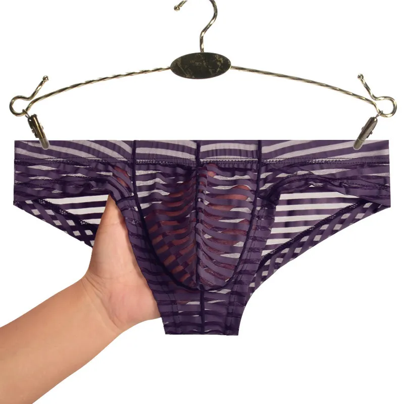 Men'S Briefs Mesh Striped Transparent Underwear Thin Ice Silk Low Waist Panties Sexy Breathable Bulge Pouch Underpants Slip
