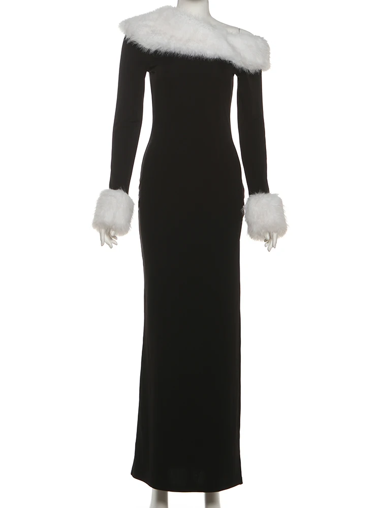 فستان عيد الميلاد أنيق من Sisterlinda مزين بقطع القماش من الفرو للنساء للشتاء بياقة قطرية وحاشية مقسمة وأكمام طويلة للحفلات والنوادي #6