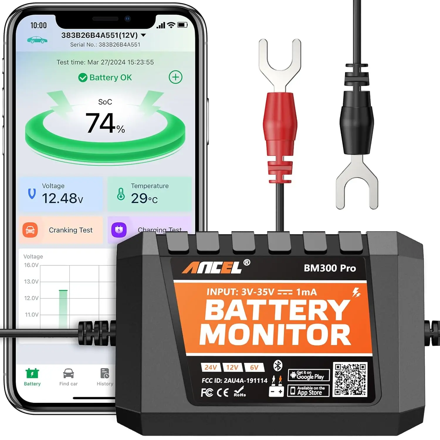 

24V/12V/6V Bluetooth Battery Monitor with Charging Test, Alarm & IP67 Waterproof for Trucks, Cars, Motorcycles