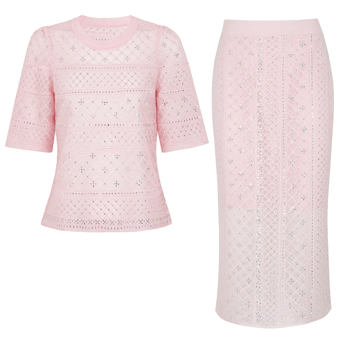 26251 High Quality Summer New Fashionable Commuter Women's Knitted Hot Diamond Hollow Short Sleeve Top T+Skirt Set