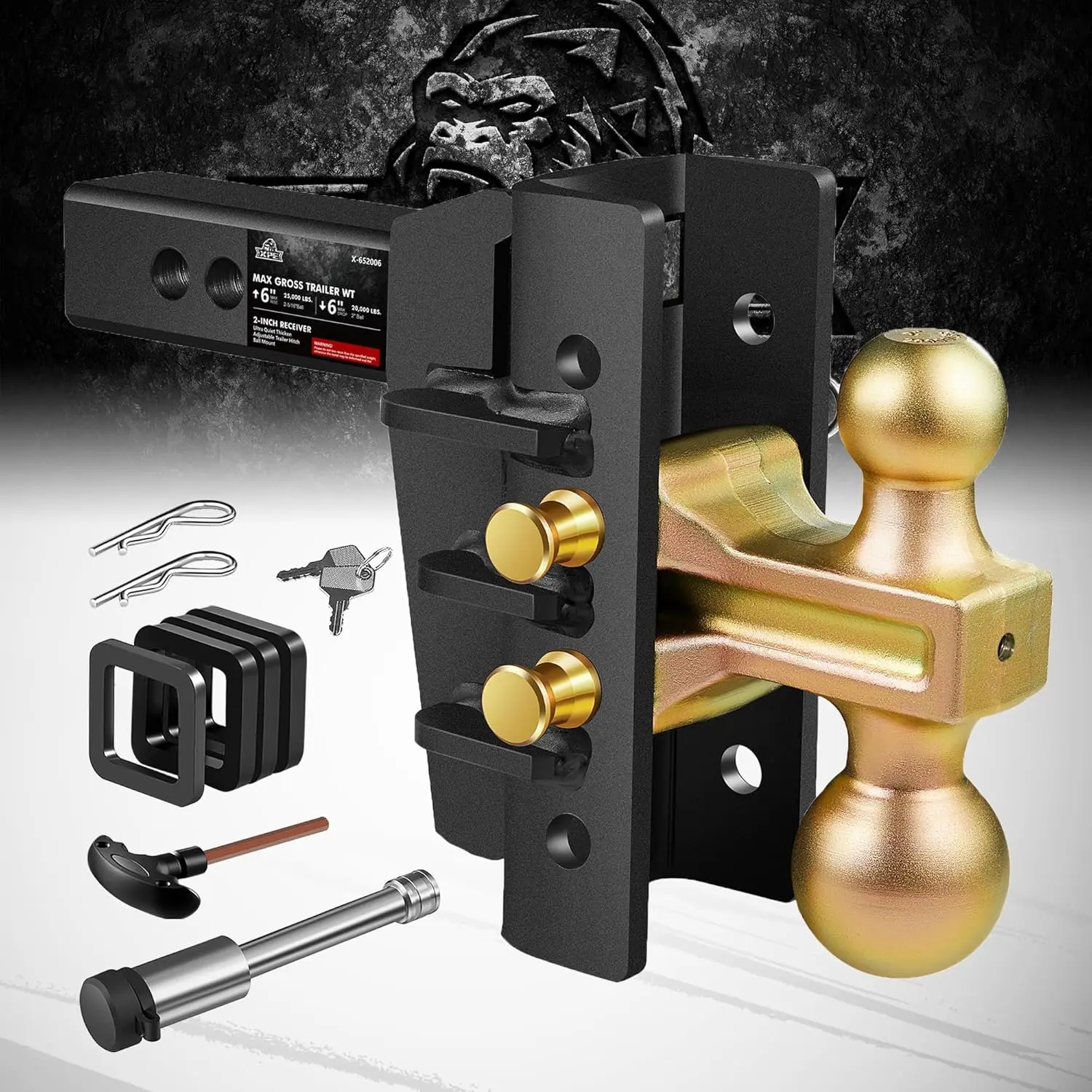 

Heavy Duty Adjustable Trailer Hitch for 2-Inch Receiver, 6-Inch Drop/Rise, Fits 2" & 2-5/16" Balls, Supports 25,000 LBS GTW
