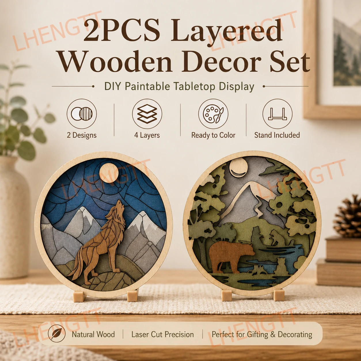 2PCS DIY Paintable Layered Wooden Painting Set, 4-Layer Wolf & Bear Wood Decor Plaques with Display Stand, Unfinished Wood Craft