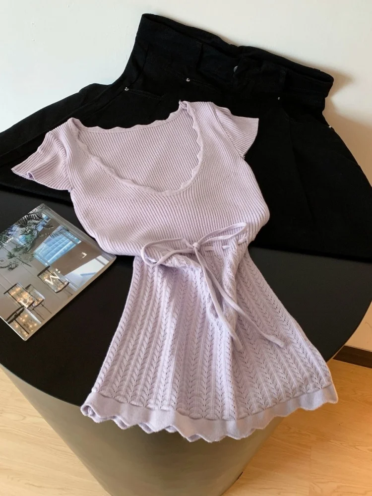 

Women's Knitted Waist-Cinching Blouse Gentle Style Lace-Up Top Slim Fit Summer New Arrival High-End Feeling Self-Preservation...
