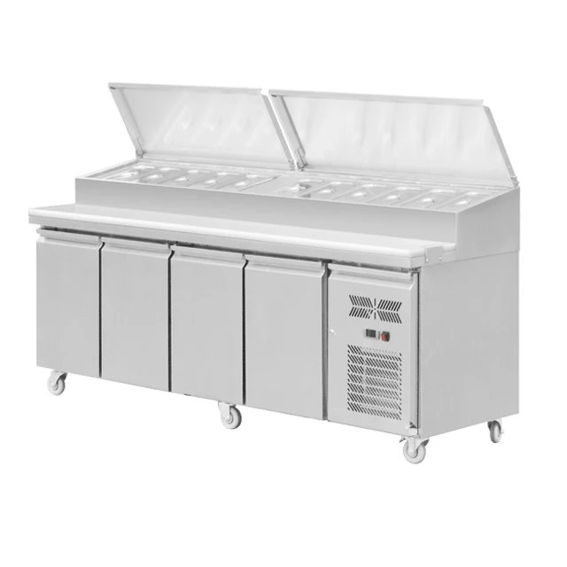 4 Door Pizza Counter Catering Refrigerated Sandwich Pizza Prep Tables Counter Equipment With Salad Display Cooler And SS Cover