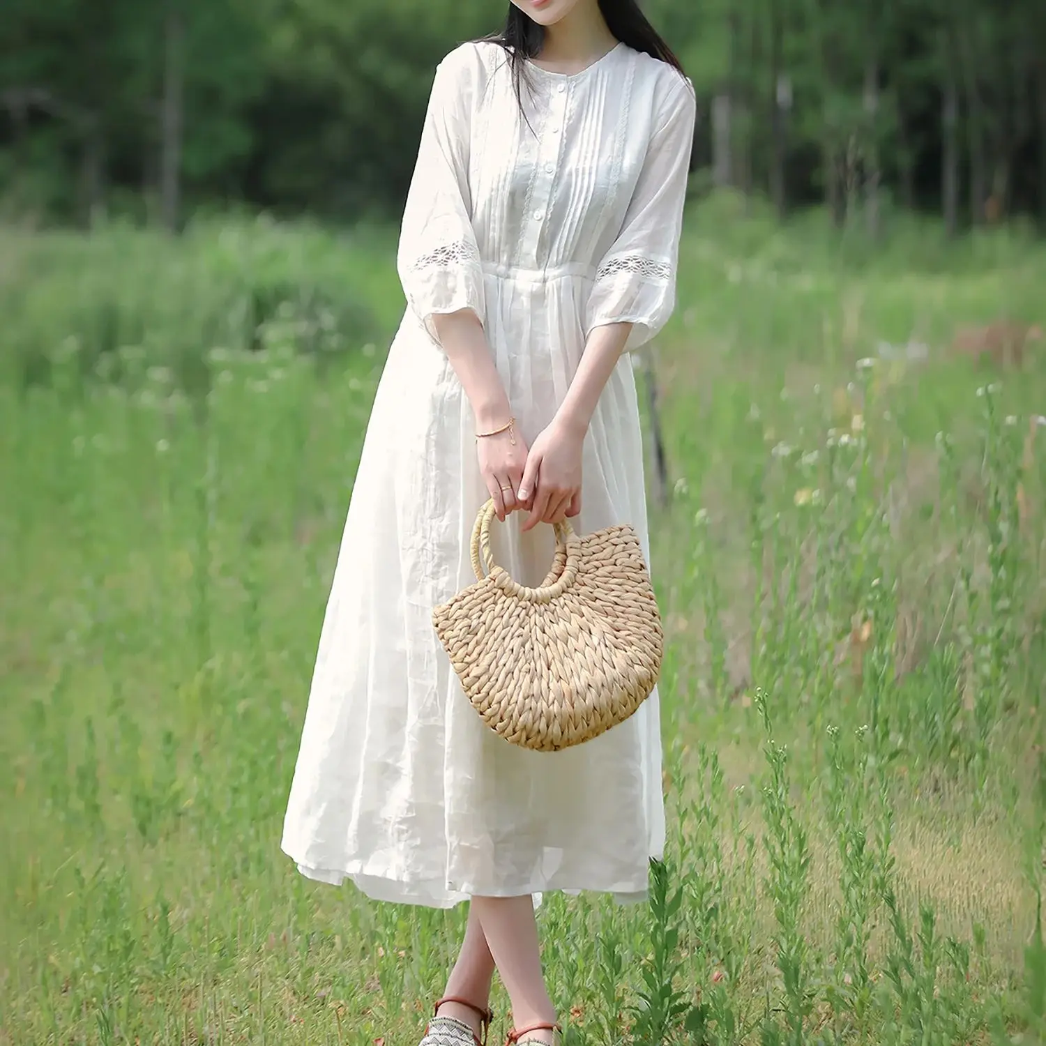 LZJN Vestido de verão ramie de duas camadas com renda bordada e cordão emagrecedor, estilo literário e doce, vestido longo branco