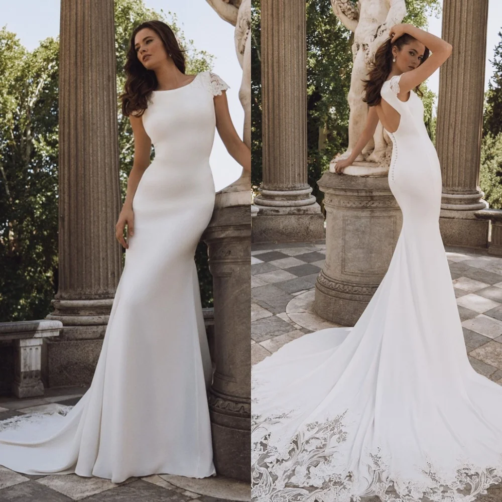 カスタマイズされたエレガントなホワイトジャージのウェディングドレス高品質スクープ半袖 Vestido デノビア気質マーメイドブライダルドレス