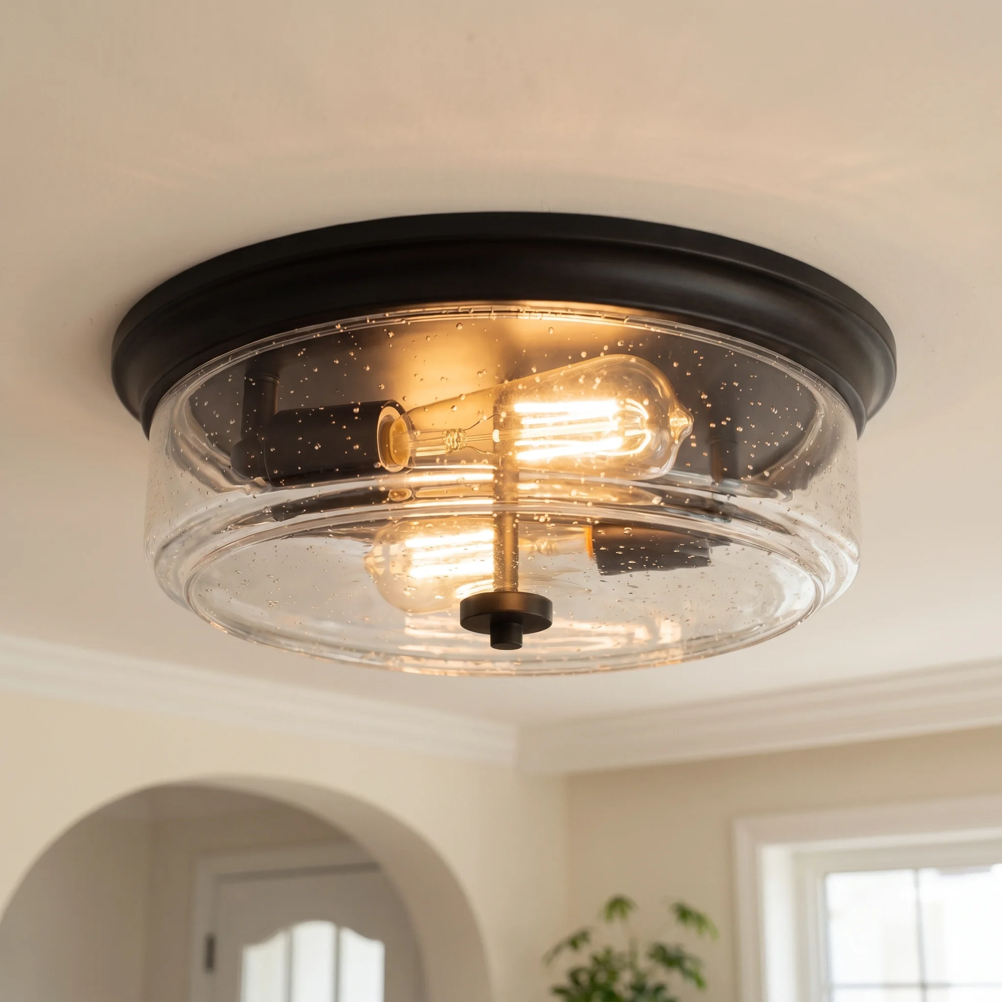 Modern Black Flush Mount Ceiling Light, Seeded Glass Industrial Ceiling Light Fixture for Hallway Entryway Bedroom Bathroom