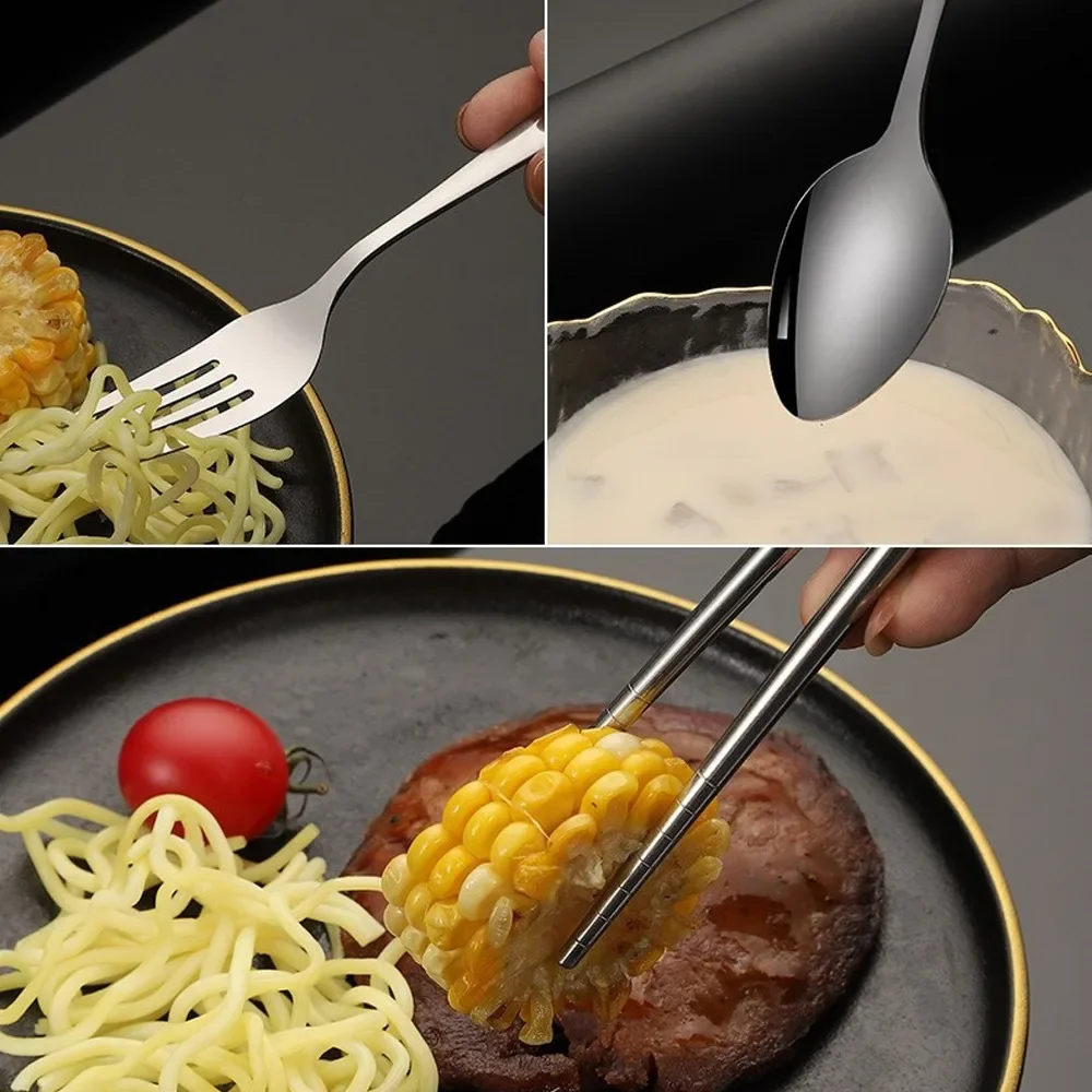 Geschirr-Set aus Edelstahl, koreanischer Löffel, Gabel, Essstäbchen, 3-teilig, tragbares Geschirr, für Studenten, Outdoor, Reisen, herausziehbares Geschenk