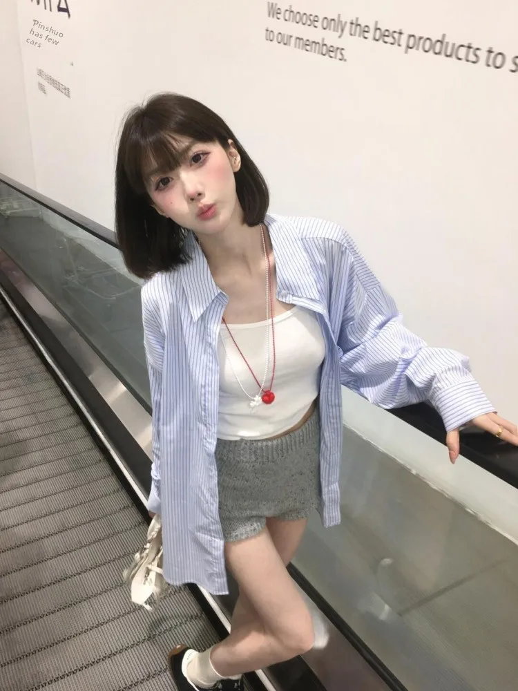 Bleu décontracté rayure longue Sve irt femmes été coréen Sle Protection solaire haut Faionable polyvalent coupe ample Ne