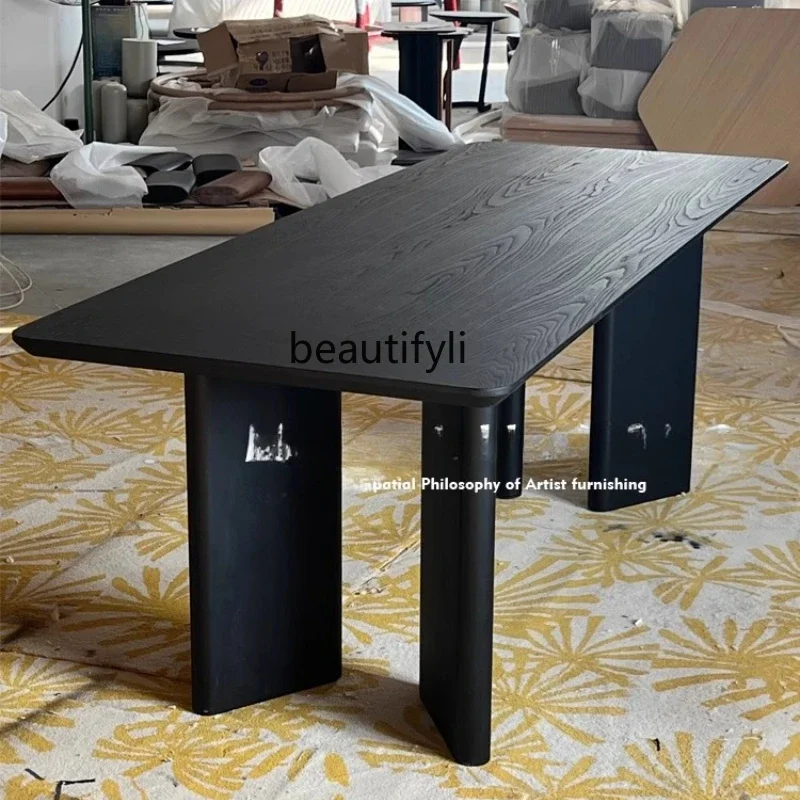 

Nordic solid wood dining table rectangular black retro conference table designer small apartment, simple dining table H