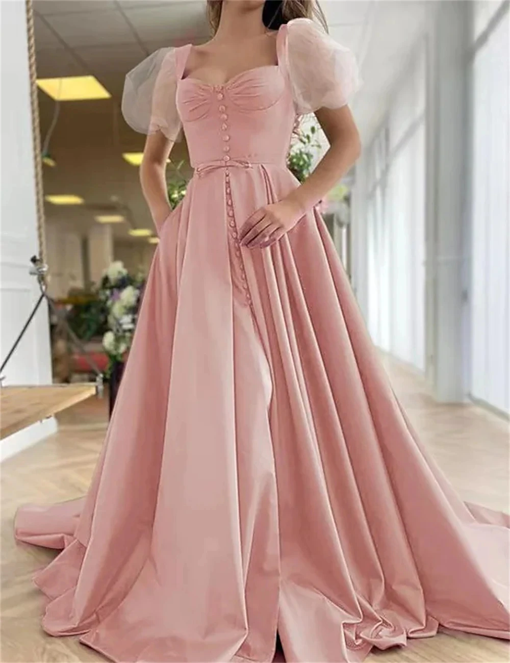 

2024 A-Line Prom Dresses Engagement Sweep/Brush Train Short Puff Sleeve Sweetheart Neck Satin with Pleats Slit Women Party Dress