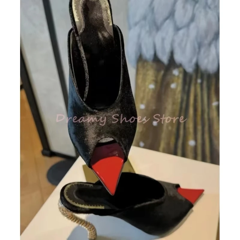 

Black Suede Pointed Toe Mule Slippers Women Strange Style Diamond Studded Stiletto Slippers Luxury Sexy Gold Crystal Lady Shoes