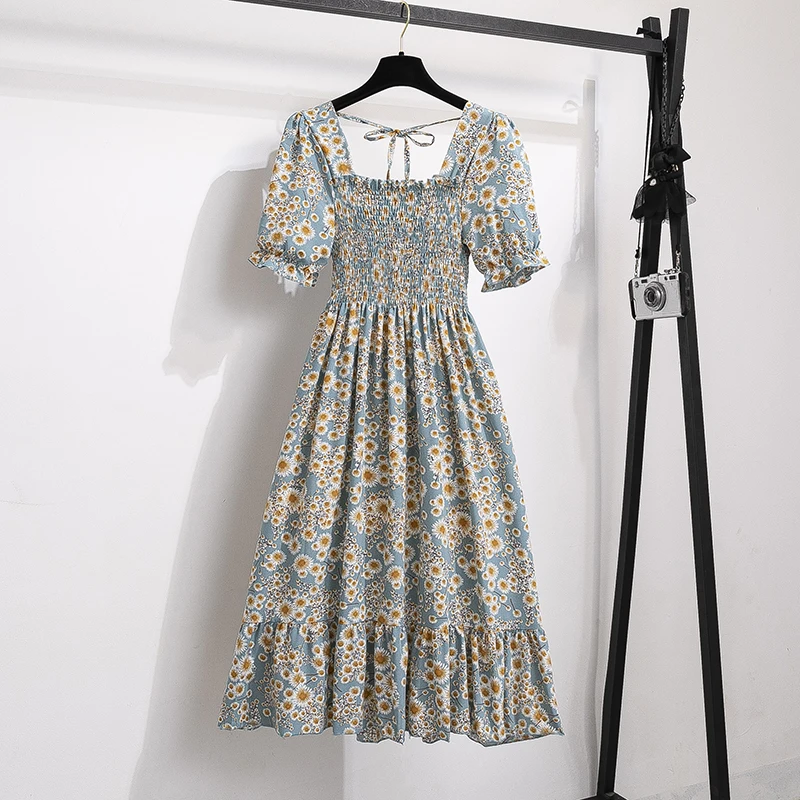 A Line Chiffon Short Sleeve Pleated Casual Outfit for Women - Blue Dandelion
